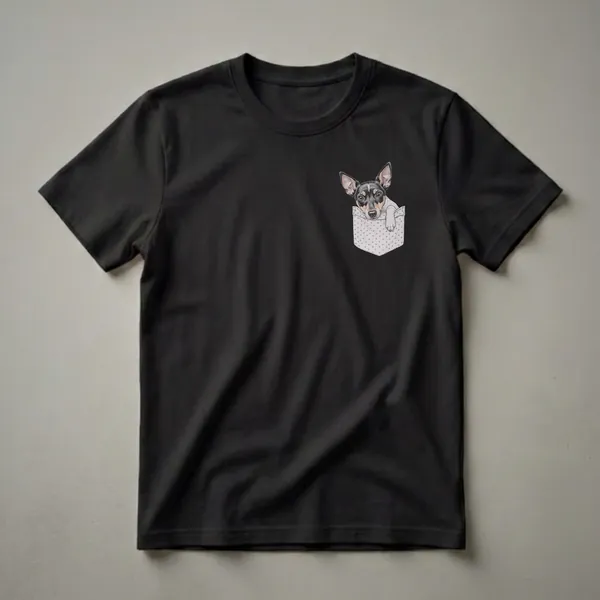 White t-shirt featuring a detailed drawing of a Rat Terrier's head peeking out of a light grey patterned pocket with green floral accents.