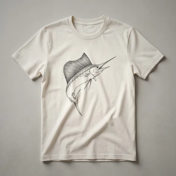 Black line drawing of a sailfish leaping, showcasing its large dorsal fin and bill, on a dark garment.