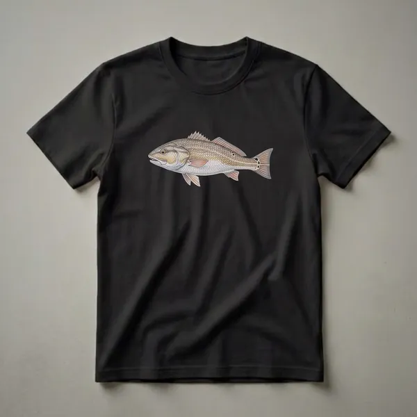 A detailed illustration of a red drum fish, showcasing its scales, fins, and tail, printed on a black t-shirt.