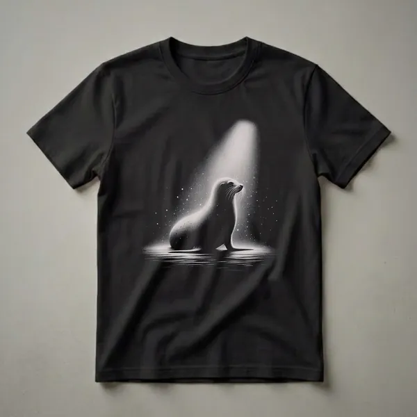Black t-shirt with a monochromatic drawing of a seal illuminated by a spotlight, set against a dark background with subtle speckles.