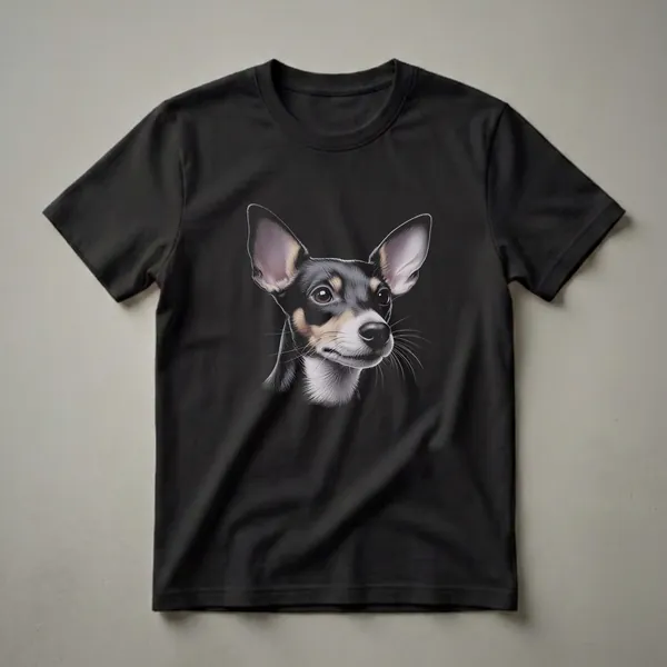 Black t-shirt featuring a detailed, realistic drawing of a Rat Terrier's head with large ears, alert eyes, and tri-color markings against a black background.