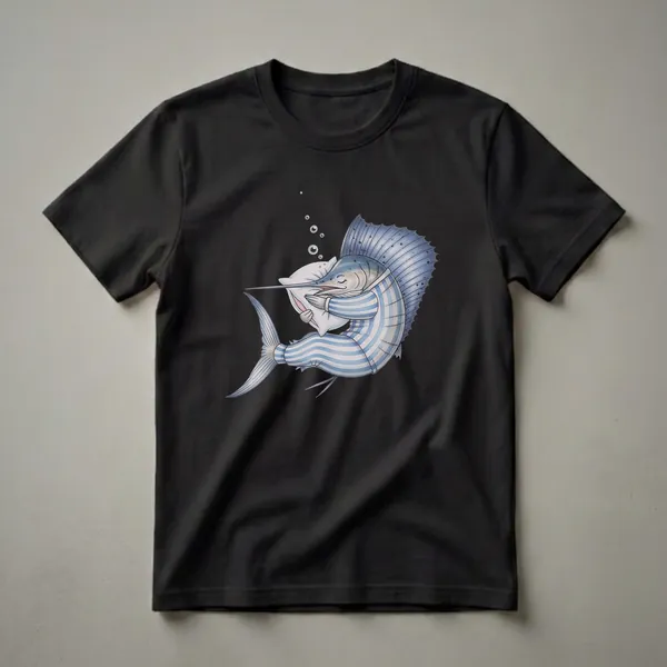 A blue and white striped sailfish wearing pajamas sleeps on a pillow, with bubbles rising around it, on a black background.
