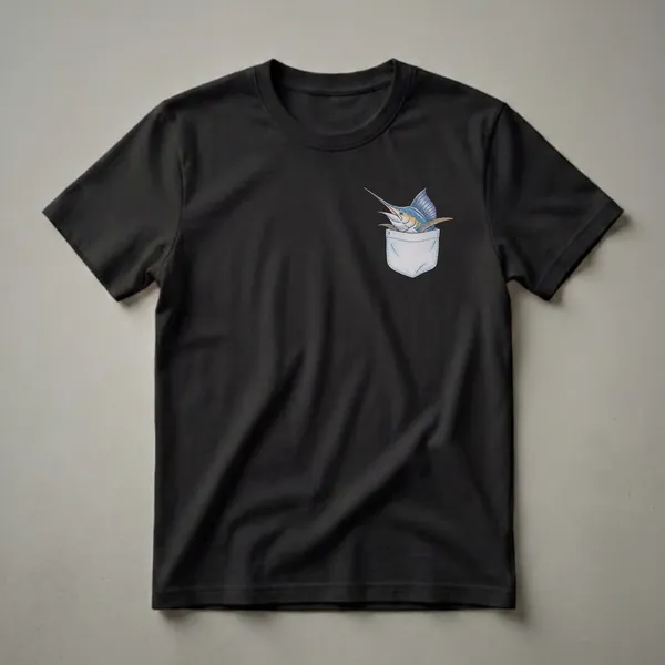 A graphic t-shirt featuring a blue and yellow sailfish peeking out of a light blue sketched pocket.