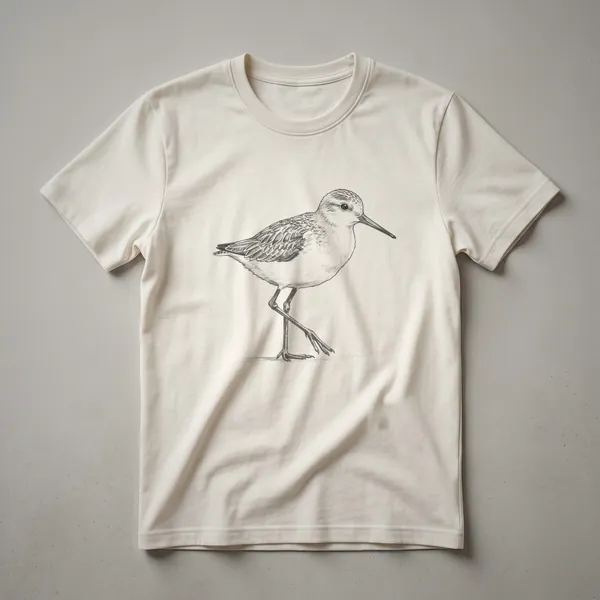 Black line drawing of a sandpiper bird on a white t-shirt, showing its long beak, textured feathers, and slender legs.