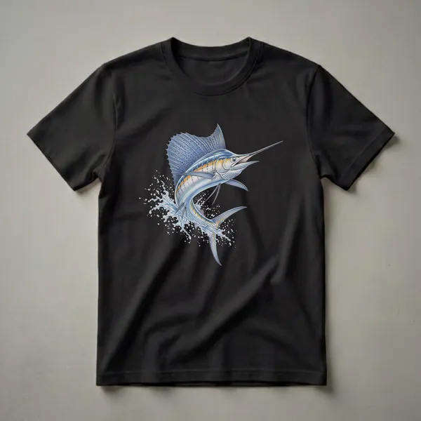 A detailed drawing of a blue and silver sailfish leaping out of splashing water, set against a black background.