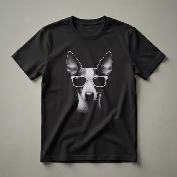 Black and white stipple art t-shirt featuring a Rat Terrier dog wearing white-rimmed sunglasses against a black background, with detailed fur texture and whiskers.