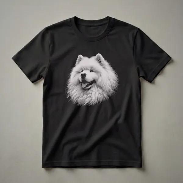 Black and white drawing of a Samoyed dog's head with a happy expression, featured on a dark t-shirt.