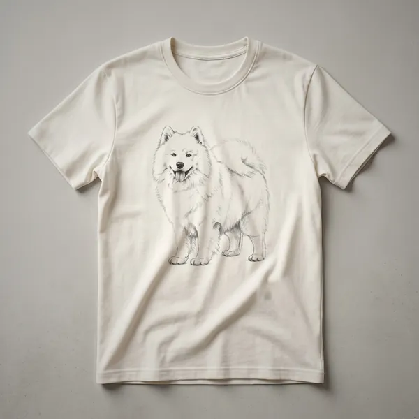 White line drawing of a Samoyed dog on a black t-shirt, showing its full body in a standing pose with its tongue slightly out.
