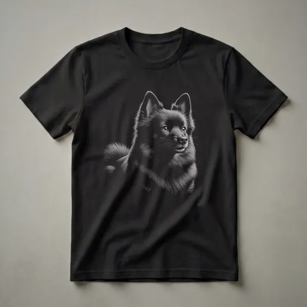 Black and white sketch art portrait of a Schipperke dog's head and upper body, showcasing detailed fur texture and alert eyes, on a black t-shirt.