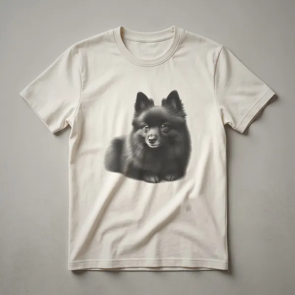 Black t-shirt featuring a vintage hand-drawn illustration of a Schipperke dog's face with detailed fur and alert eyes.