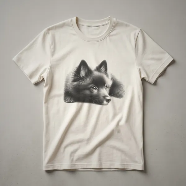 Black and white sketch of a Schipperke dog's head, showing its alert eyes, pointed ears, and fluffy ruff, printed on a t-shirt.