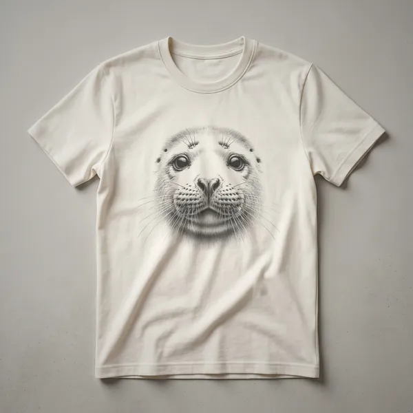 Black and white sketch of a seal's face on a dark t-shirt, featuring detailed whiskers and eyes.