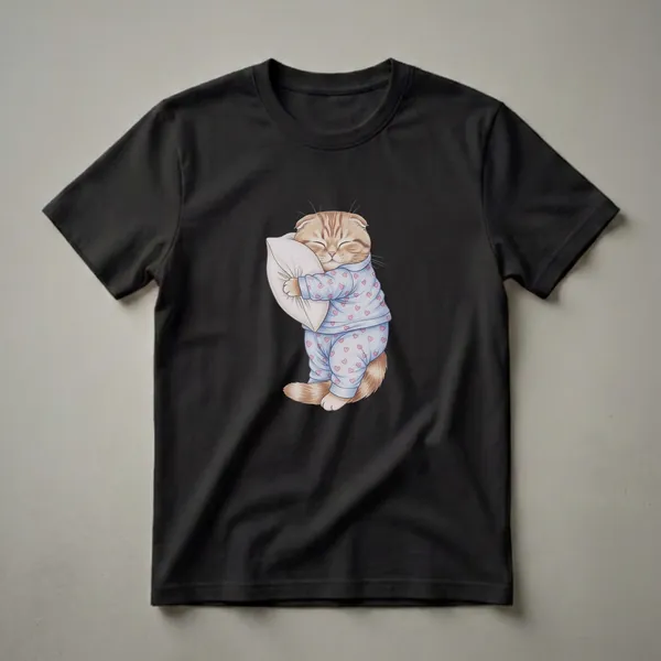 A light-colored t-shirt featuring a drawing of a ginger and white Scottish Fold cat wearing blue pajamas with pink hearts, sleeping and hugging a pillow.