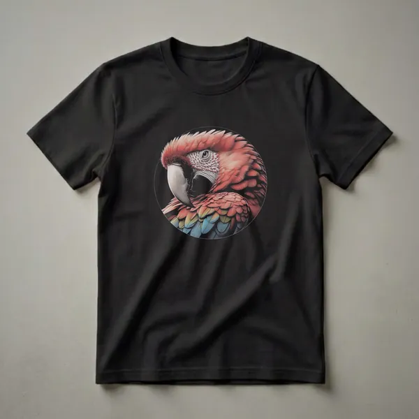 A black t-shirt featuring a detailed circular drawing of a scarlet macaw's head and upper body, showcasing its red, yellow, and blue feathers.