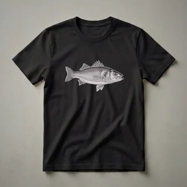 Black t-shirt with a detailed, vintage-style line drawing of a sea bass fish in a light grey outline and shading.