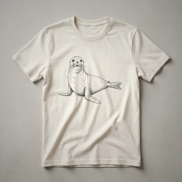 A black and white line drawing of a seal resting on its flippers, depicted on a dark t-shirt.