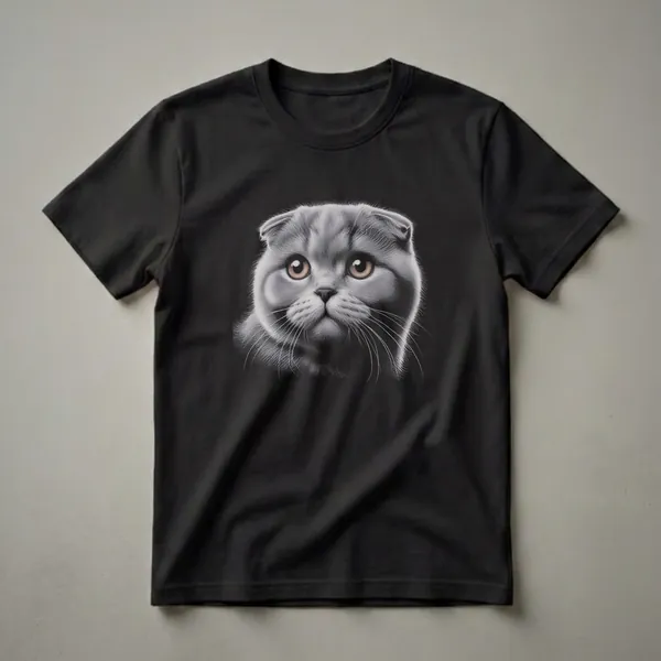 A grey Scottish Fold cat with large, amber eyes and folded ears is depicted in a realistic drawing style against a black background on this t-shirt.