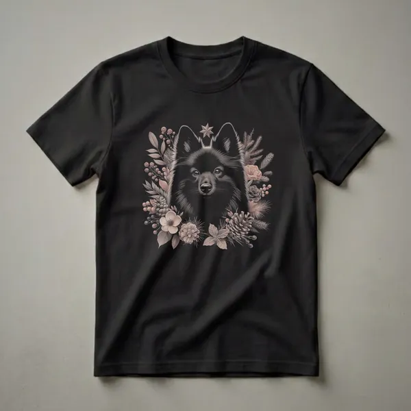 Black Schipperke dog graphic t-shirt featuring a detailed drawing of the dog's face surrounded by a vintage-style floral and botanical wreath.