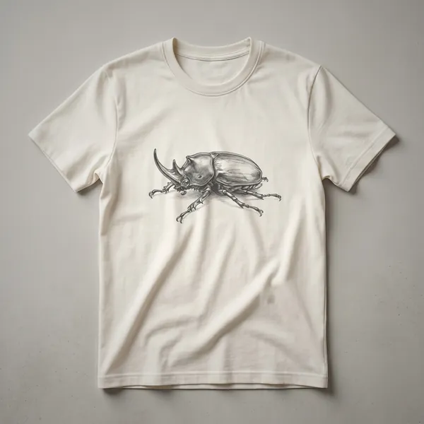 Black t-shirt with a detailed white line drawing of a rhinoceros beetle, showcasing its horn and segmented body.