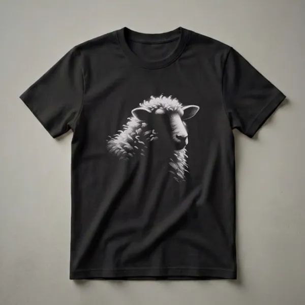 Black graphic t-shirt with a white stippled drawing of a sheep's head and neck, showcasing its woolly texture.