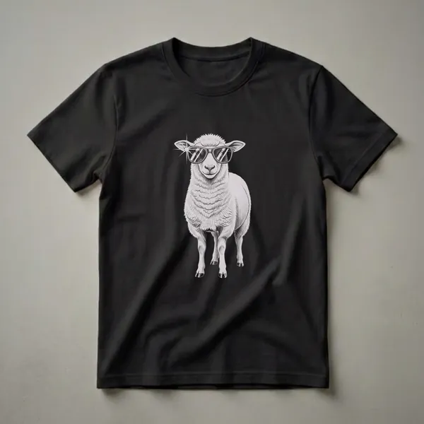White graphic t-shirt with a black pencil sketch of a sheep wearing cool sunglasses and a sparkle effect.