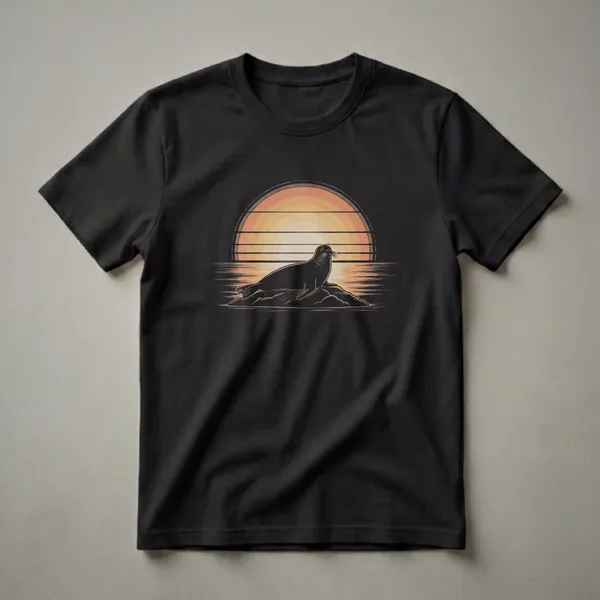 Black t-shirt featuring a retro drawing of a seal resting on a rock with a striped orange and yellow sunset over textured water.