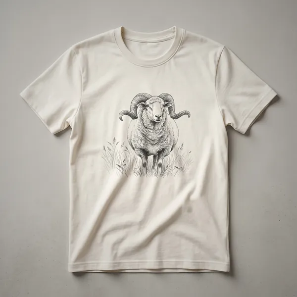Black line drawing of a ram with large, curled horns standing in tall grass, printed on a black t-shirt.