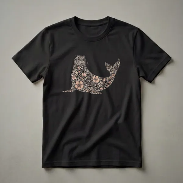 Black t-shirt featuring a seal illustration composed of intricate floral patterns, leaves, and soft peach flowers.