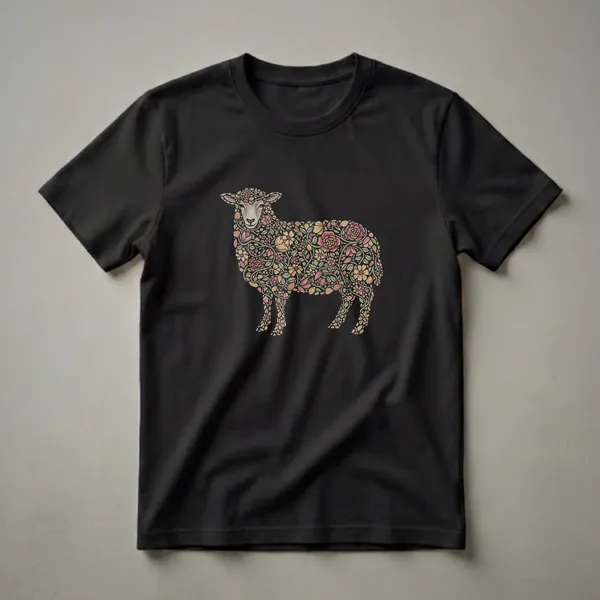 Black t-shirt featuring a stylized sheep silhouette filled with a detailed drawing of colorful flowers and leaves in vintage art style.