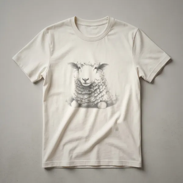 A black graphic t-shirt featuring a vintage hand-drawn illustration of a sheep's face with detailed wool texture.