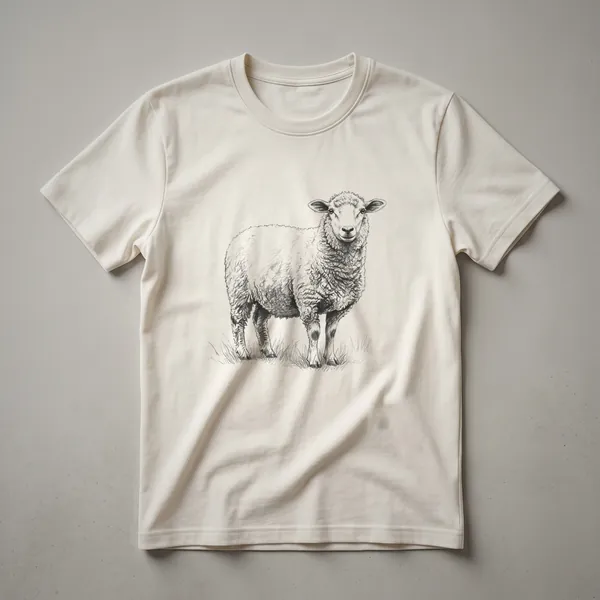 A vintage line drawing of a sheep standing in grass, depicted on a dark t-shirt.