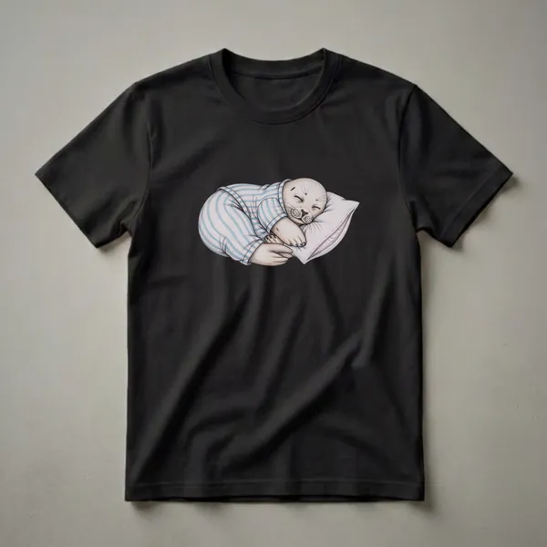 White t-shirt featuring a drawing of a light brown seal wearing blue and white striped pajamas, sleeping peacefully on a light pink pillow.