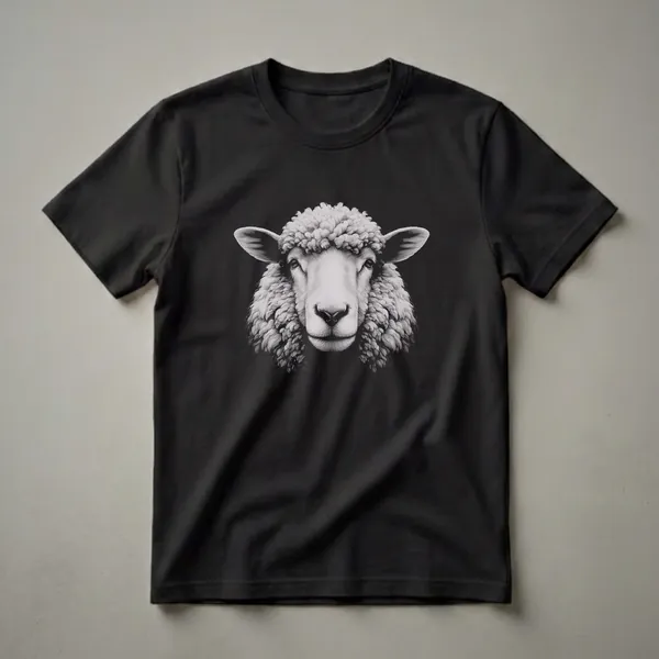 Black and white drawing of a sheep's face with detailed wool texture, presented on a black t-shirt.