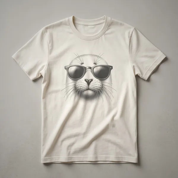 Black and white line drawing of a seal wearing dark sunglasses, showcasing its whiskers and nose, on a black t-shirt.