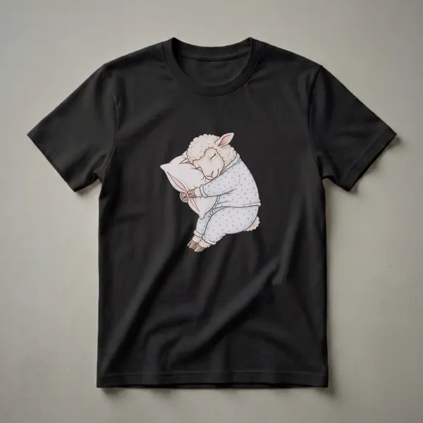 White sheep wearing blue polka dot pajamas sleeping on a white pillow, hand-drawn art style.