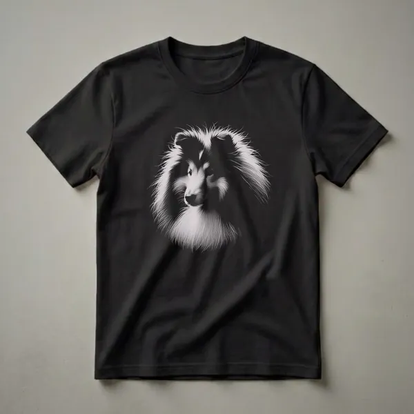 Black and white drawing of a Shetland Sheepdog's head with detailed fur and alert eyes, set against a solid black background.