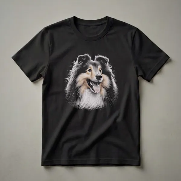 Black t-shirt featuring a detailed digital drawing of a Shetland Sheepdog's head with its tongue out, set against a black background.
