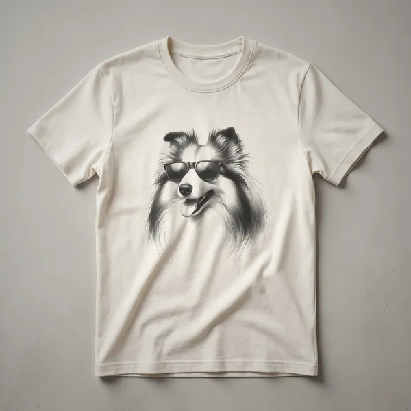 Black and white drawing of a Shetland Sheepdog wearing dark sunglasses, with its tongue slightly out, on a plain background.