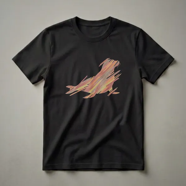 Black t-shirt featuring a seal silhouette filled with colorful scribbled lines in orange, yellow, and brown, with a black background.