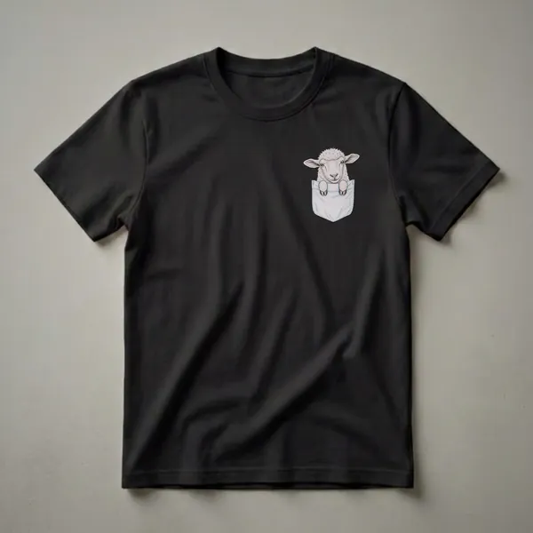 White graphic t-shirt featuring a hand-drawn illustration of a sheep's head peeking out of a light blue pocket with visible stitching details.