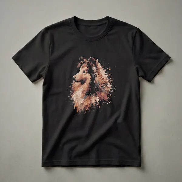 Black t-shirt featuring an artistic watercolor splatter drawing of a Shetland Sheepdog's head in profile, rendered in shades of brown, tan, and grey.