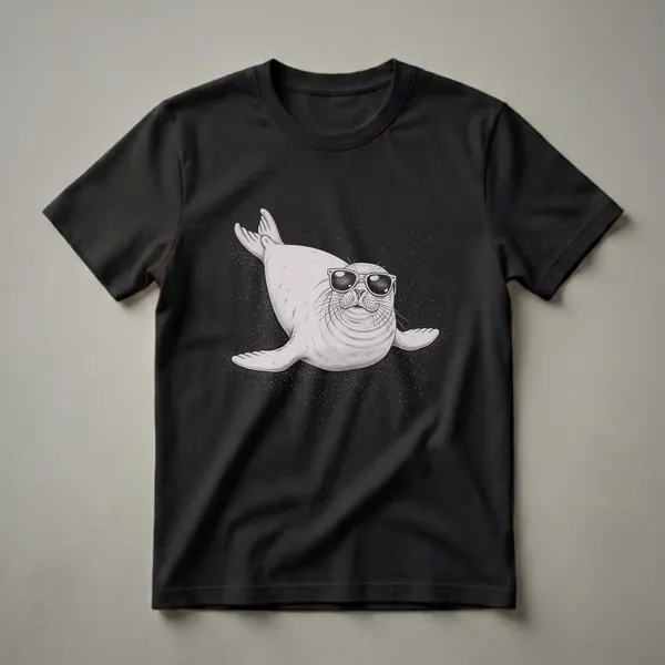 Grey seal wearing black sunglasses swimming in a dark, starry background, depicted in a sketch art style on a t-shirt.