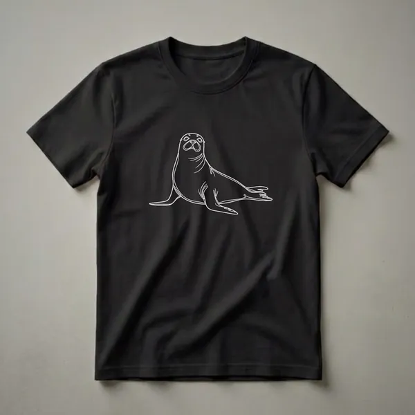 Black t-shirt with a white line art drawing of a seal resting on its flippers, looking forward.