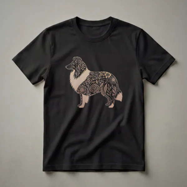 Black t-shirt featuring a sepia-toned line drawing of a Shetland Sheepdog filled with intricate floral and botanical illustrations.