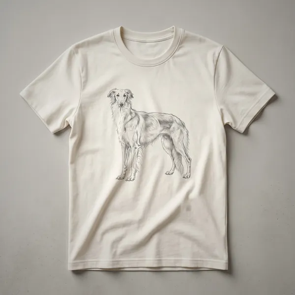 A black and white line drawing of a Saluki dog standing in profile, showcasing its long legs and feathered tail, printed on a t-shirt.
