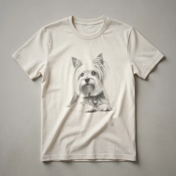 A black t-shirt featuring a vintage sketch art design of a Silky Terrier dog in a seated position, with detailed linework.