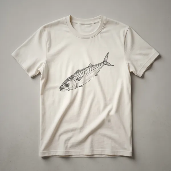 Black line drawing of a Spanish mackerel fish on a white t-shirt, showcasing its distinctive wavy pattern.