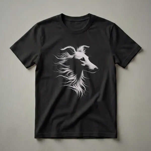 Black t-shirt with a monochromatic drawing of a Borzoi dog's head in profile, featuring wind-swept fur and detailed facial features.