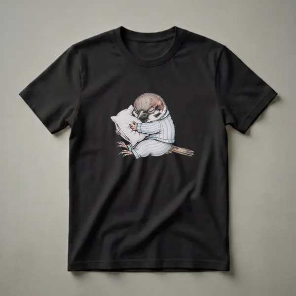 A white graphic t-shirt featuring a hand-drawn illustration of a sparrow wearing blue-striped pajamas and hugging a white pillow, with its eyes closed.