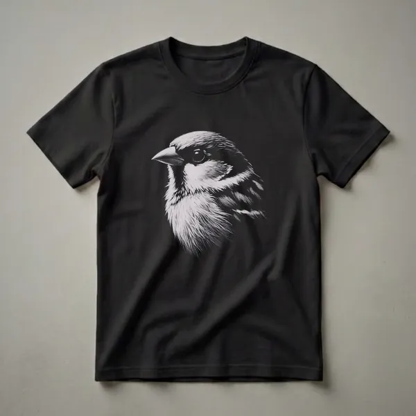 Black t-shirt with a detailed white and grey stippling drawing of a sparrow's head, facing left, against a black background.